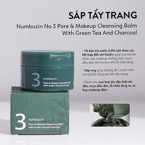 Hình ảnh minh họa củaSáp Tẩy Trang Sạch Mụn Đầu Đen Numbuzin No.3  Pore & Make Up Cleansing Balm With Green Tea And Charcoal 85g