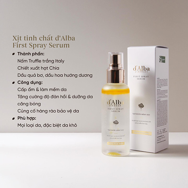 Hình ảnh minh họa củaXịt Khoáng Dưỡng ẩm, Căng Bóng Da d'Alba White Truffle First Spray Serum (Vàng)