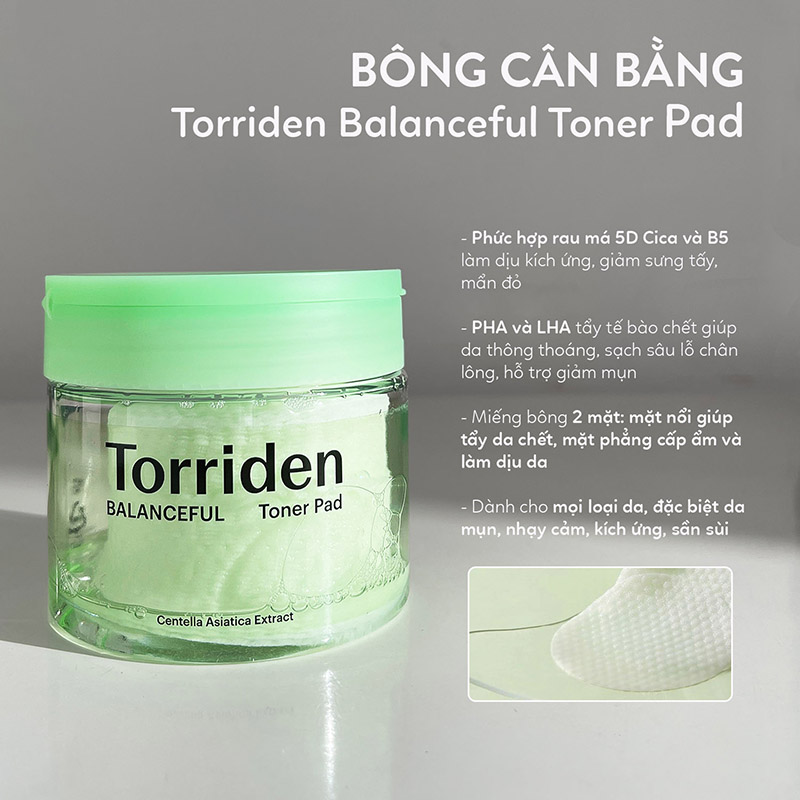 Hình ảnh minh họa củaTomer Pad Dịu Da Torriden Balanceful Centella Asiatica Extract Toner Pad 160ml (60 miếng)