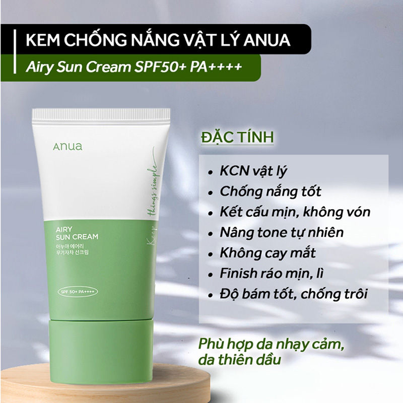 Hình ảnh minh họa củaKem Chống Nắng Vật Lý Anua Airy Sun Cream 50ml SPF50 + PA +++