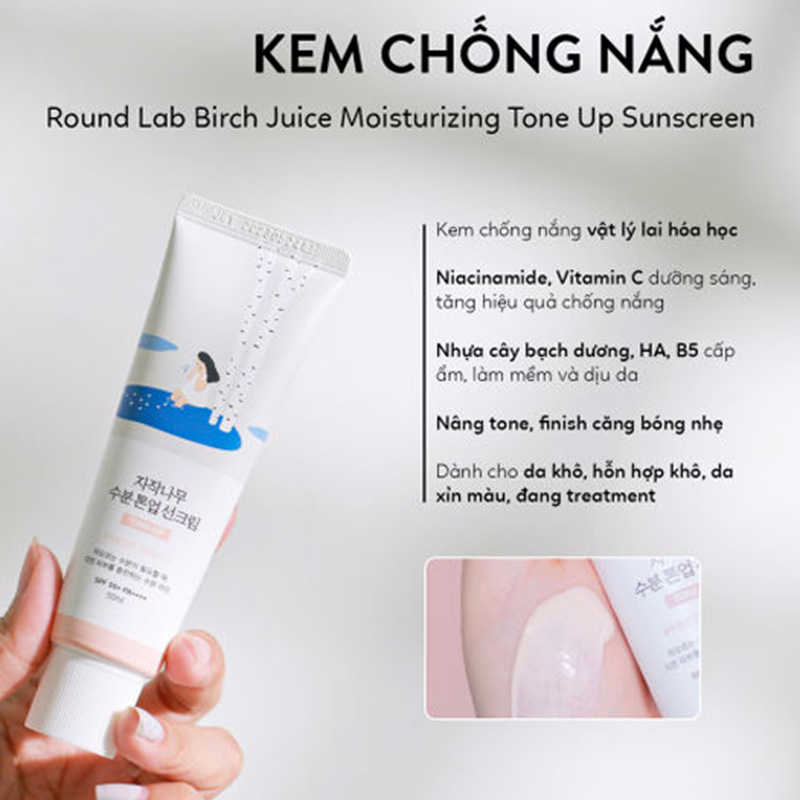 Hình ảnh minh họa củaKem Chống Nắng Nâng Tone Round Lab Birch Juice Moisturizing Tone Up Sunscreen 50ml SPF50+ PA++++ (Hồng)