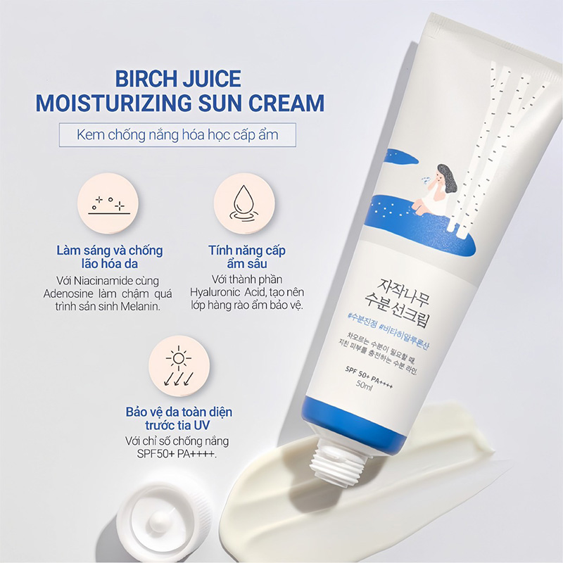 Hình ảnh minh họa củaKem Chống Nắng Nâng Tone Round Lab Birch Juice Moisturizing Sun Cream 50ml SPF50+ PA++++ (Xanh dương)