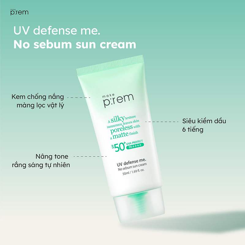 Hình ảnh minh họa củaKem Chống Nắng Nâng Tone, Kiềm Dầu Make Prem UV Defense Me No Sebum Sun Cream 50ml SPF50+ PA++++ (XANH LÁ)