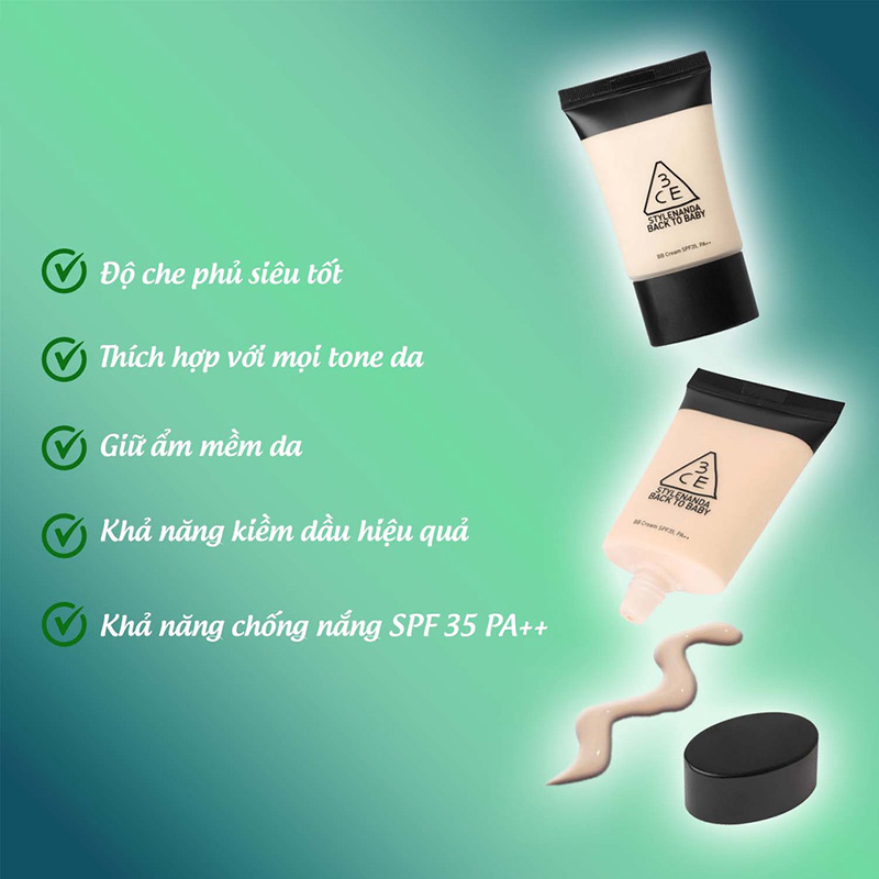 Hình ảnh minh họa củaKem Nền Chống Nắng 3CE Back To Baby BB Cream SPF35 PA++ 30ml