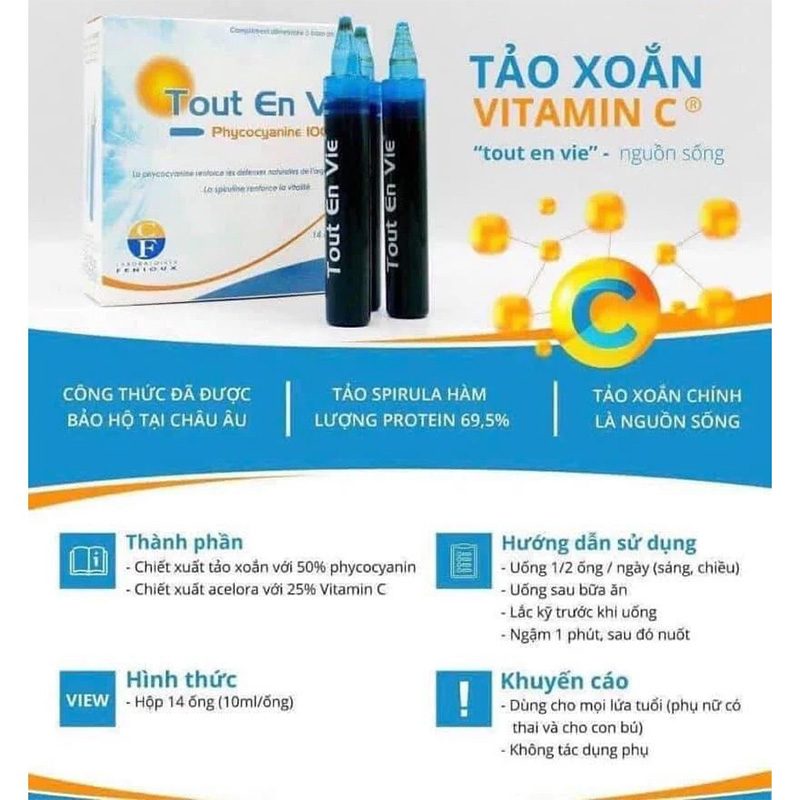 Hình ảnh minh họa củaTảo xoắn Tout En Vie dạng nước tích hợp vitamin C Pháp