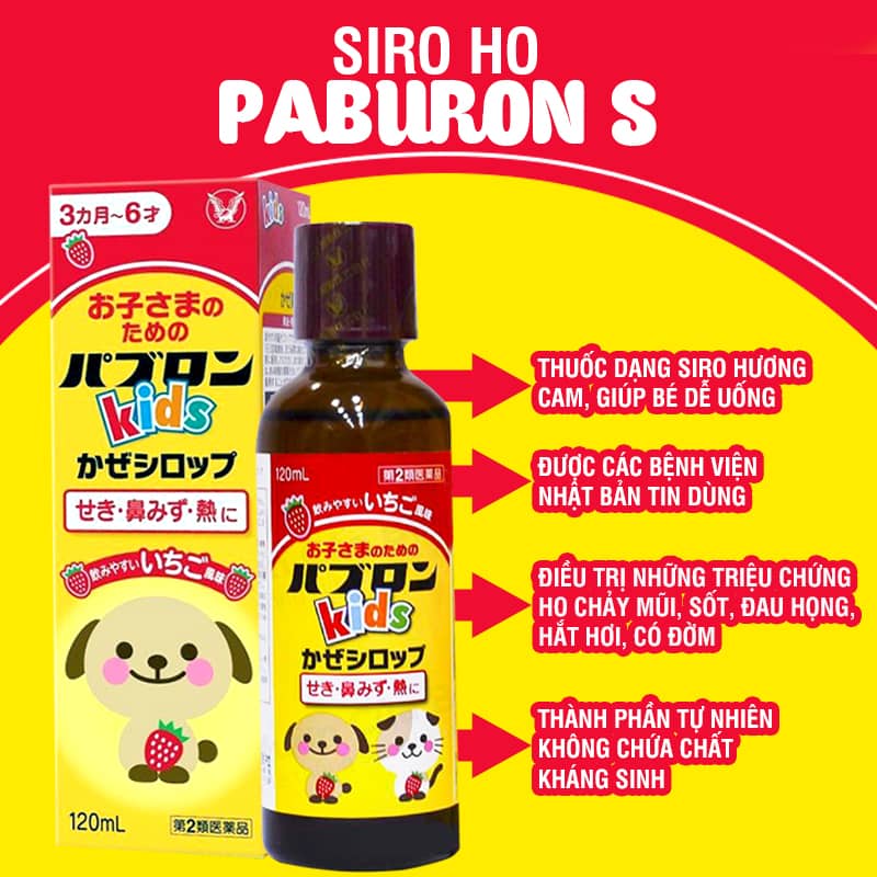 Hình ảnh minh họa củaSiro ho cảm sốt Paburon S Kid hình chó mèo Nhật Bản 120ml 