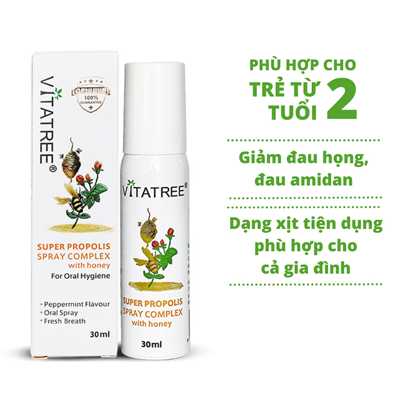 Hình ảnh minh họa củaXịt keo ong Vitatree Super Propolis Spray Complex With Honey hỗ trợ chống oxy hóa, giảm đau rát họng (30ml)