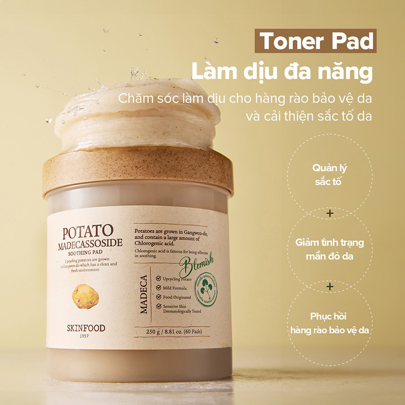 Hình ảnh minh họa củaToner Pad Khoai Tây Skinfood, Làm Dịu Và Sáng Da 60 miếng Potato Madecassoside