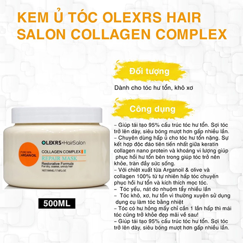Hình ảnh minh họa củaKem Ủ Tóc Olexrs Hair Salon Argan Oil Collagen Complex Repair Mask 500ml 