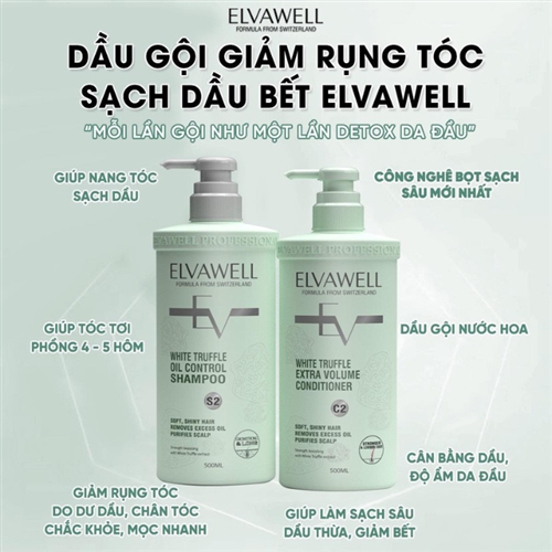 Hình ảnh minh họa củaCặp Dầu gội xả giảm rụng tóc sạch dầu bết Elvawell White Truffle (2 chaix500ml) (Xanh lá)