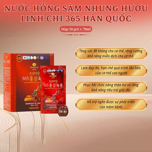 Hình ảnh minh họa củaNước Hồng Sâm Nhung Hươu Linh Chi 365 Korean Red Ginseng & Cordyceps 20 gói 70ml