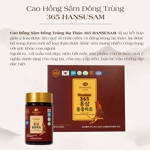 Hình ảnh minh họa củaCao Hồng Sâm Đông Trùng Hạ Thảo Premium 365 Korean Red Ginseng & Cordyceps Hankwanjang – Hỗ trợ tăng cường sức khỏe – 2 Lọ x 250gr Hàn Quốc