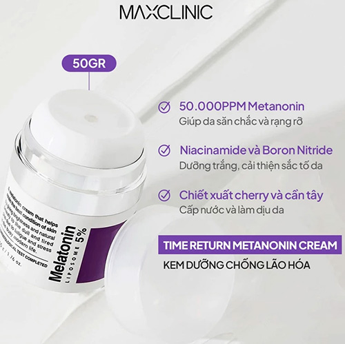 Hình ảnh minh họa củaKem dưỡng MAXCLINIC ngăn lão hoá da chuyên sâu Melatonin Liposome 5% Time Return Melatonin Cream 50g