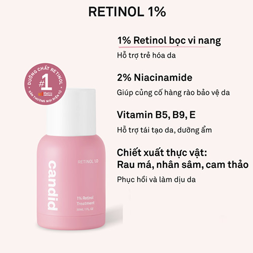 Hình ảnh minh họa củaTinh chất Retinol 1.0 Candid Giảm nếp nhăn, tăng độ đàn hồi da, cải thiện đều màu da Retinol Treatment 30ml