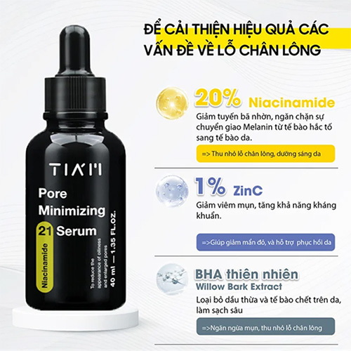 Hình ảnh minh họa củaTinh Chất Tiam Kiểm Soát Dầu Nhờn, Thu Nhỏ Lỗ Chân Lông, Làm Đều Màu Da Niacinamide 20% + Zinc 1% Tiam Pore Minimizing 21 Serum 40ml
