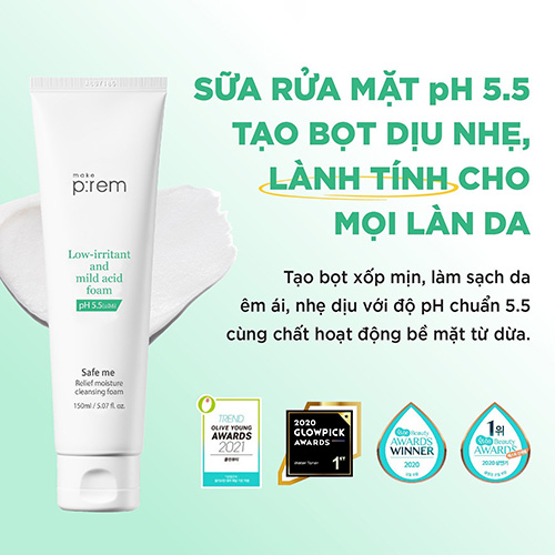 Hình ảnh minh họa củaSữa Rửa Mặt Dưỡng ẩm, Dịu Nhẹ Make P:rem Safe Me Relief Moisture Cleansing Foam