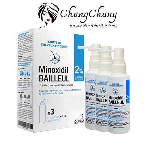 Chai Xịt Giảm Rụng, Kích Mọc Tóc Minoxidil 2% Bailleul (Pháp) - Hộp 3 chai x 60ml