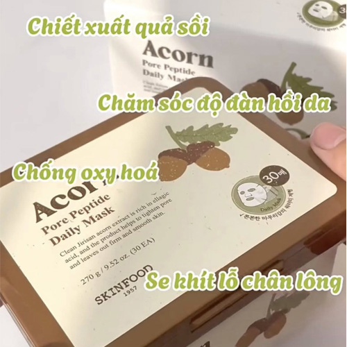 Hình ảnh minh họa củaMặt Nạ Cấp ẩm, Dưỡng Da Hàng Ngày SKINFOOD Acorn Pore Peptide Daily Mask 270g (30 MIẾNG)