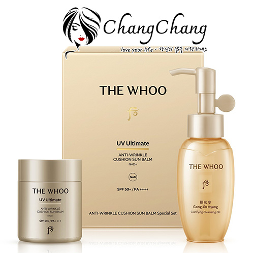 bộ phấn chống nắng the whoo uv ultimate anti wrinkle cushion sun balm spf 50+/pa+++ special set 2 món