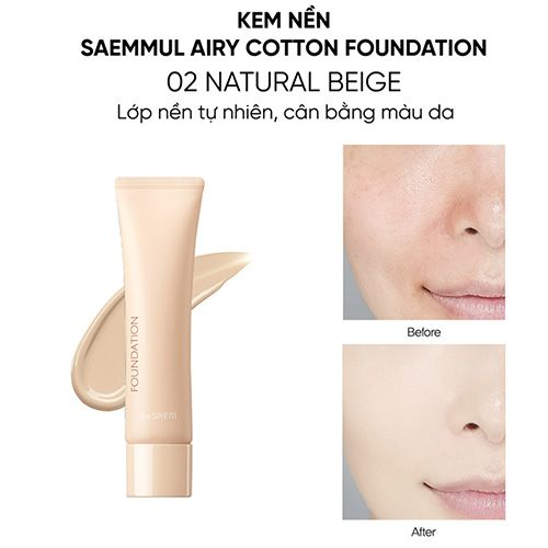Hình ảnh minh họa củaKem Nền Chống Nắng #02 Nature Beige THE SAEM Saemmul Airy Cotton Foundation SPF30/PA++ (30g)